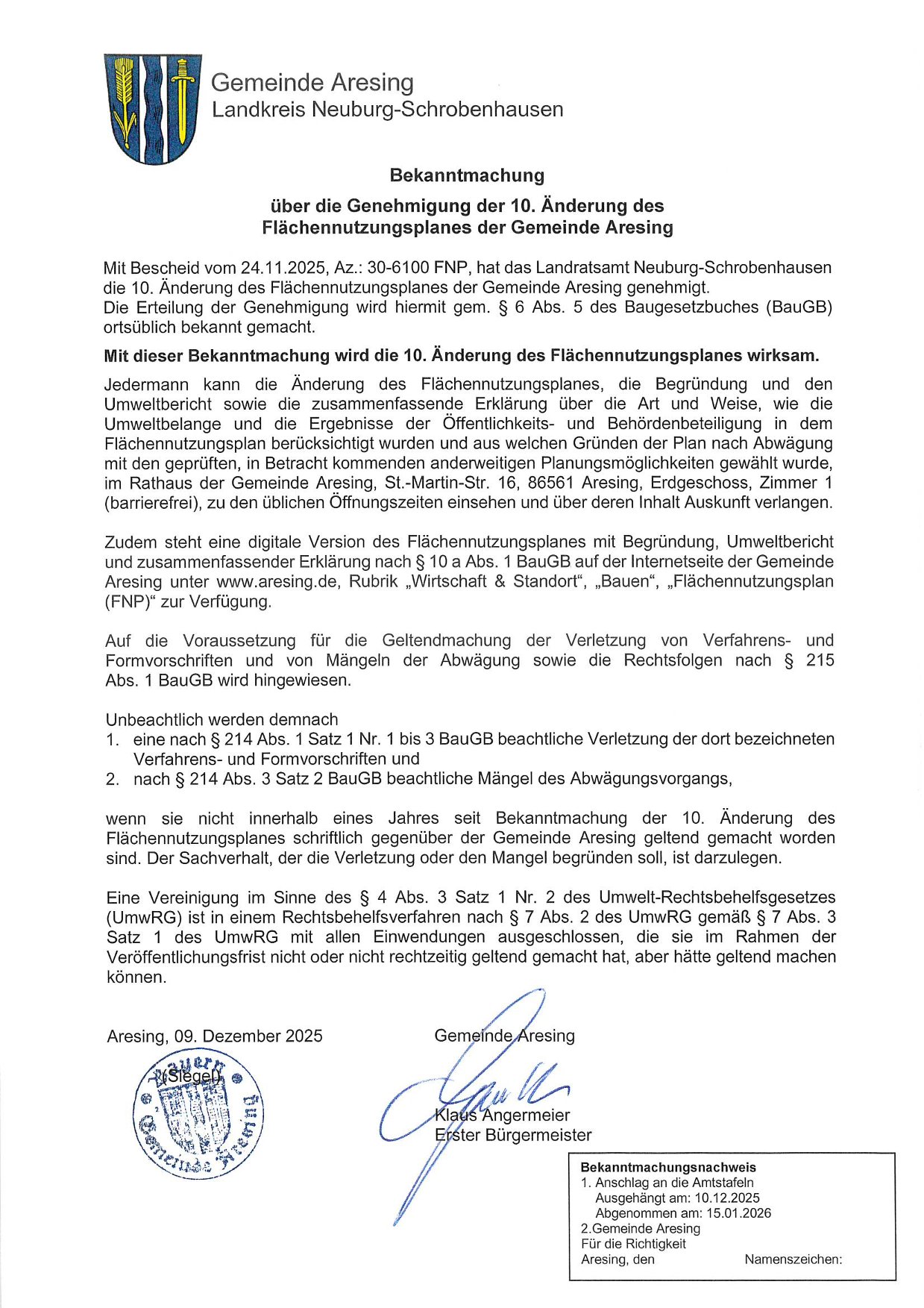 Bekanntmachung 10. Änderung Flächennutzungsplan Aresing