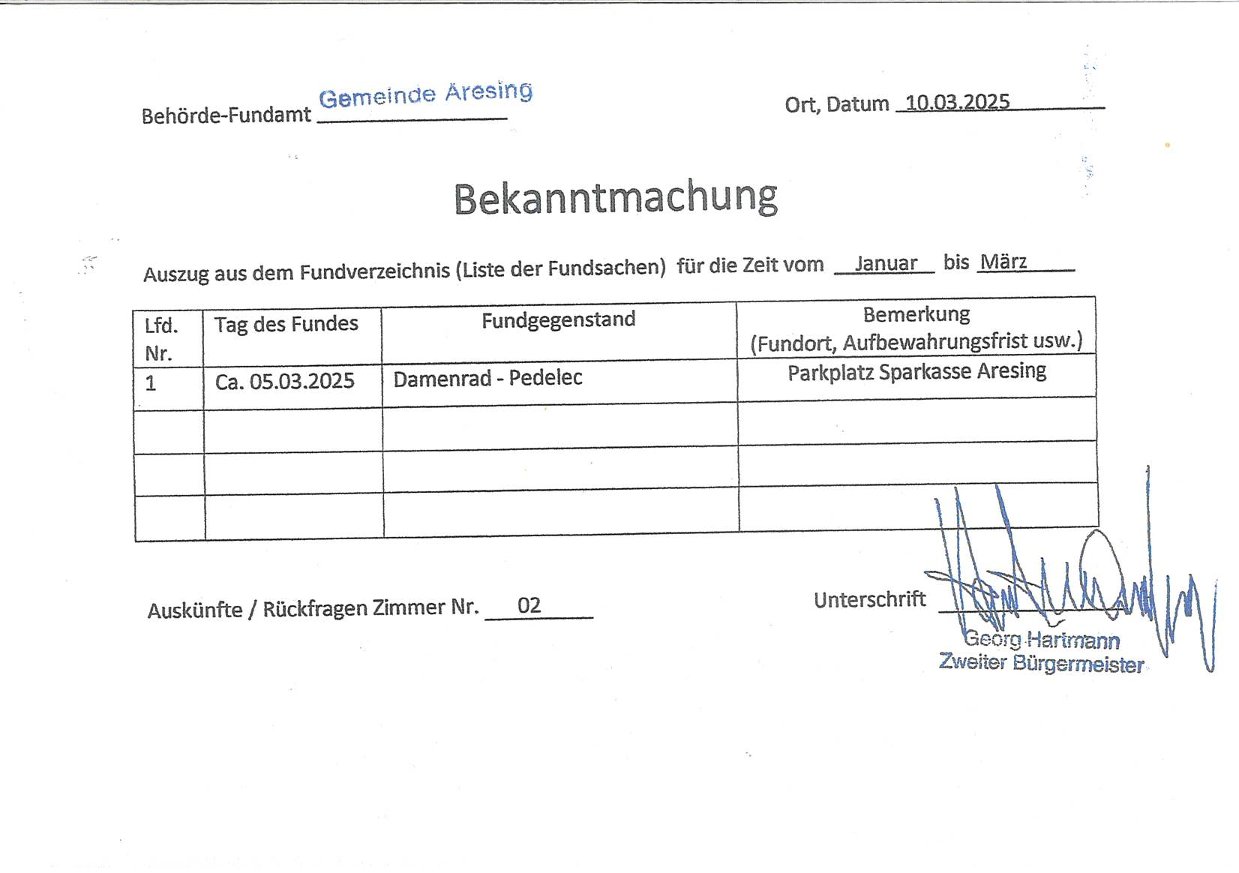Bekanntmachung Fundverzeichnis Januar bis März 2025