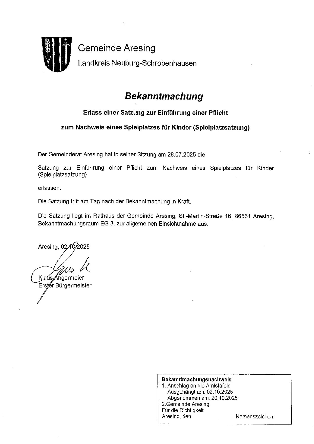 Bekanntmachung Spielplatzsatzung