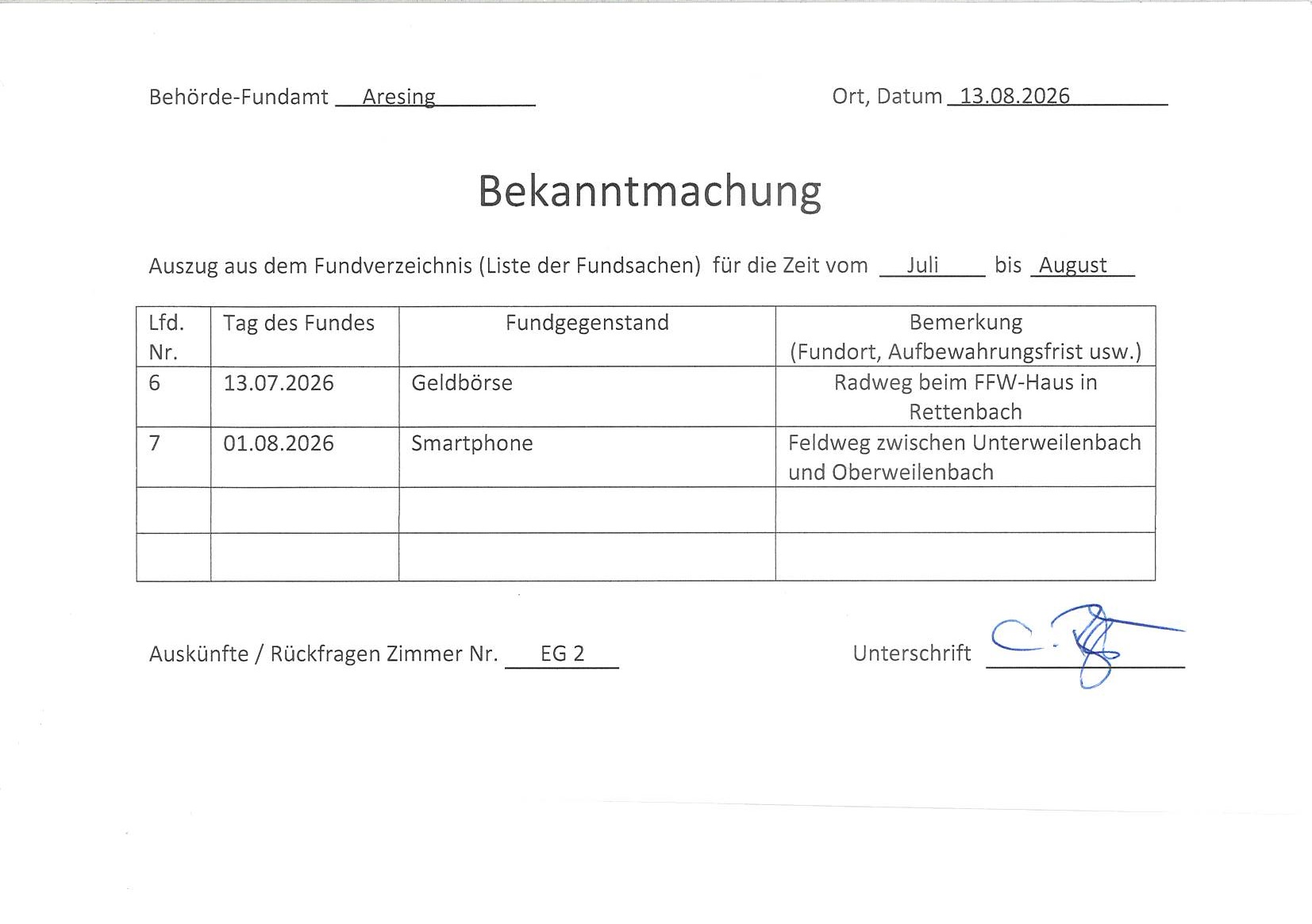 Bekanntmachung - Auszug aus dem Fundverzeichnis - Juli bis August