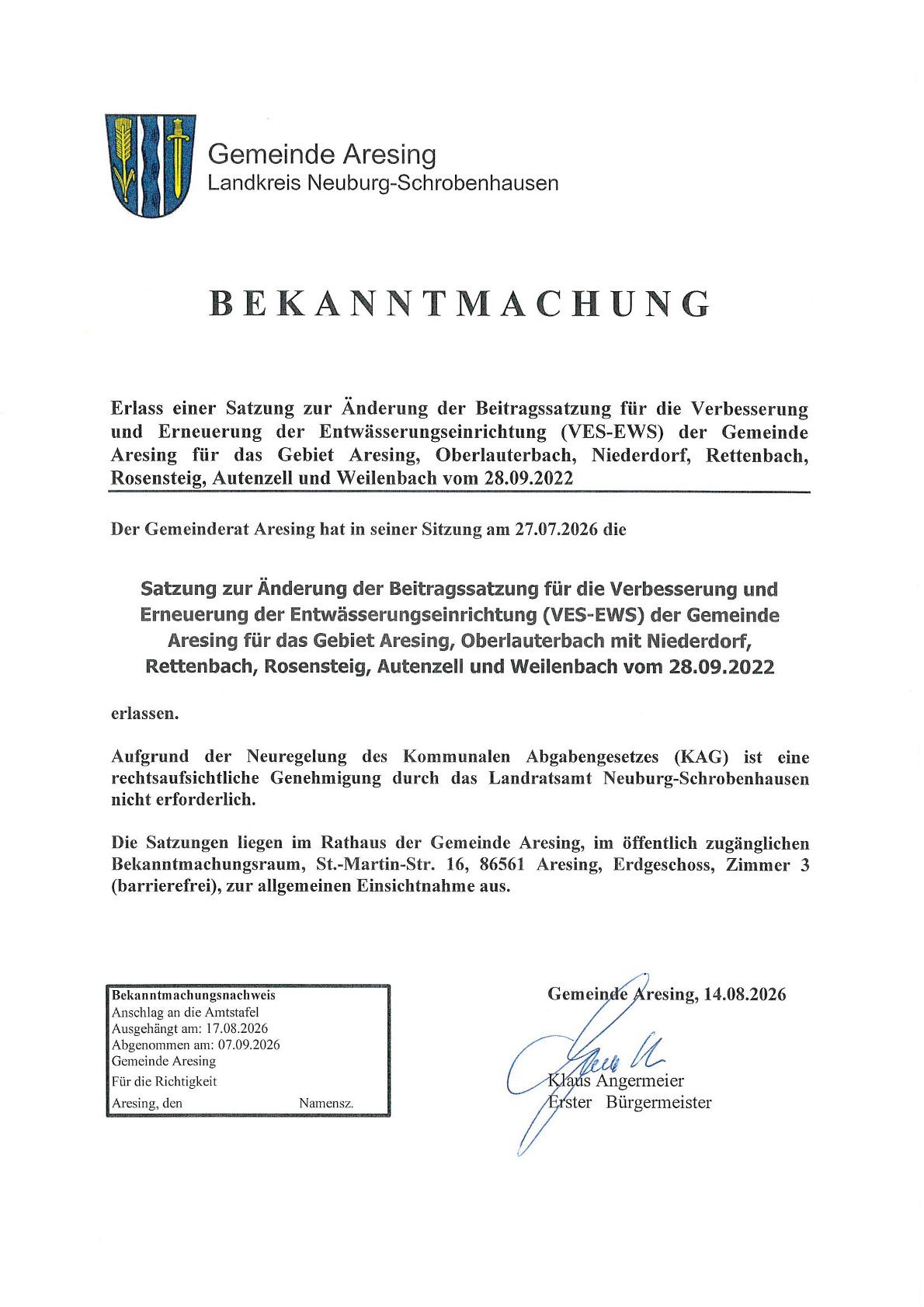 Bekanntmachung; Satzung zur Änderung der Beitragssatzung Verbesserung und Erneuerung Entwässerungseinrichtung (VES-EWS)