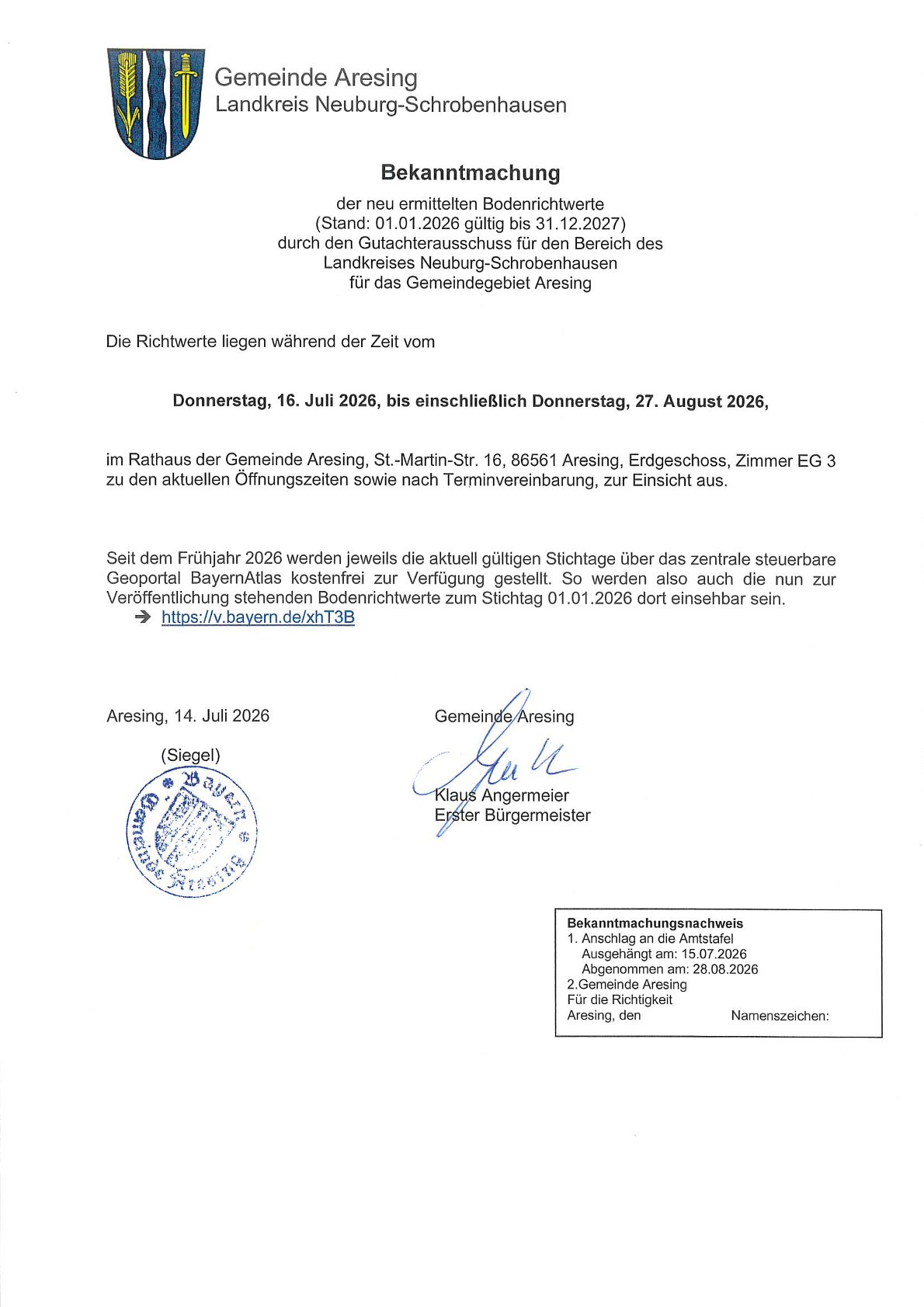 Bekanntmachung Bodenrichtwerte Aresing 2026