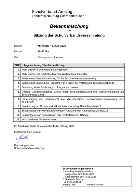 Bekanntmachung konstituierende Versammlung Schulverband am 10.06.2026