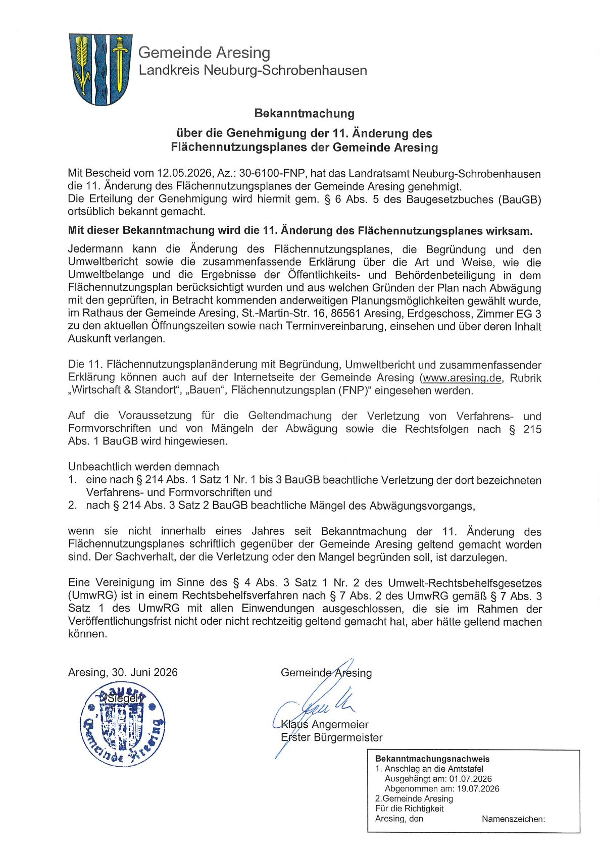 Bekanntmachung 11. Änderung des Flächennutzungsplans Aresing